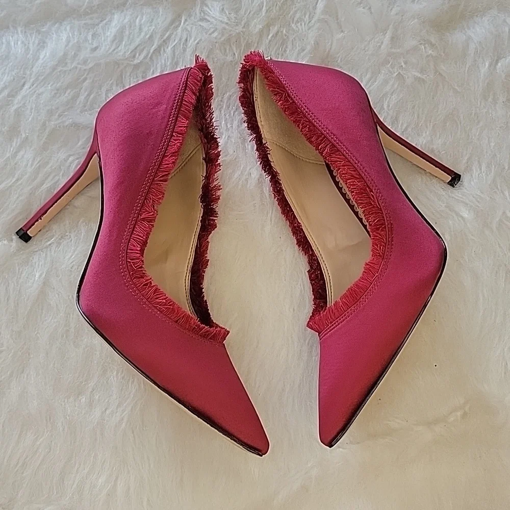 SAM EDELMAN Halan Satin Cranberry Eyelash Fringe Pointed Toe Party Formal Heel 6